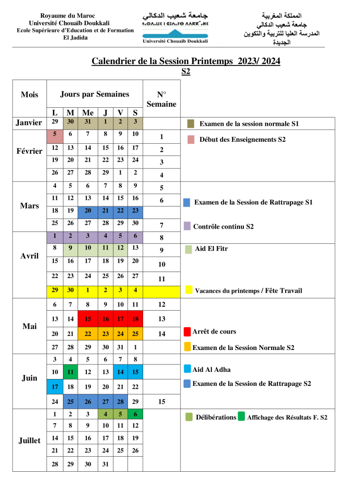 Calendrier Printemps 2024