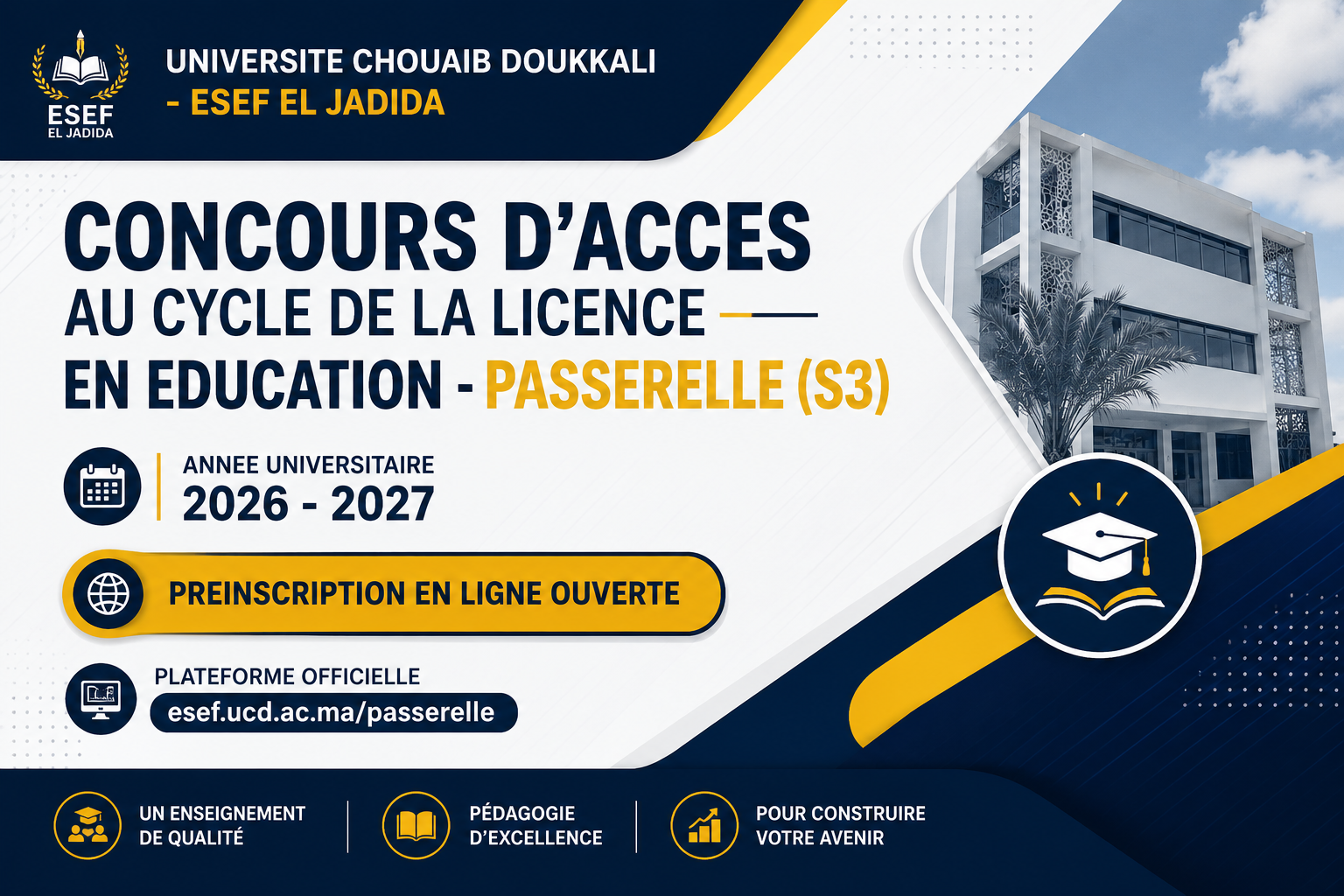 Appel à candidatures – Concours d’accès par passerelle à la deuxième année de la Licence en Éducation Année universitaire 2026-2027