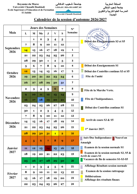 Calendrier de la session d’automne 2026-2027